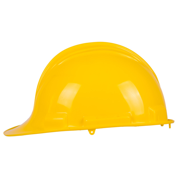 Picture of a bright yellow groundbreaking hard hat from side.