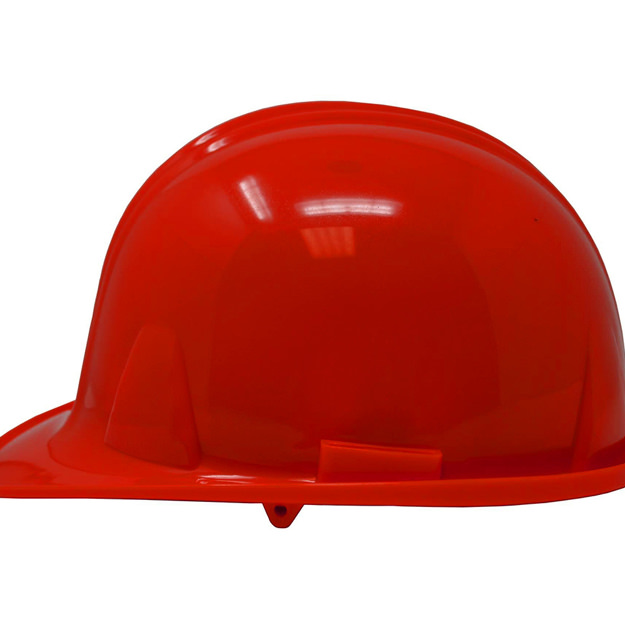Side view of a ceremonial groundbreaking red hard hat