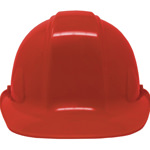 View of red ceremonial hard hat from the front.