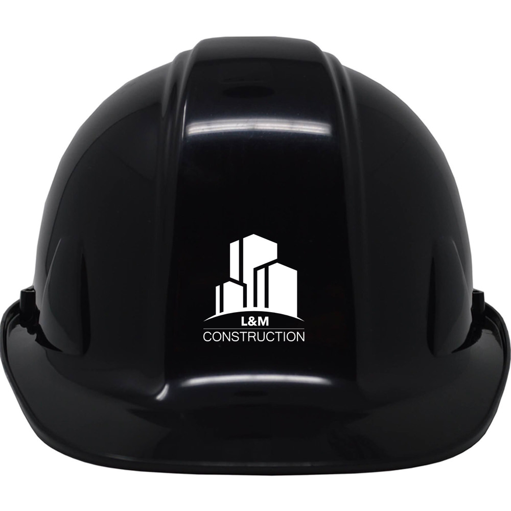 groundbreaking ceremony black hard hat with white logo