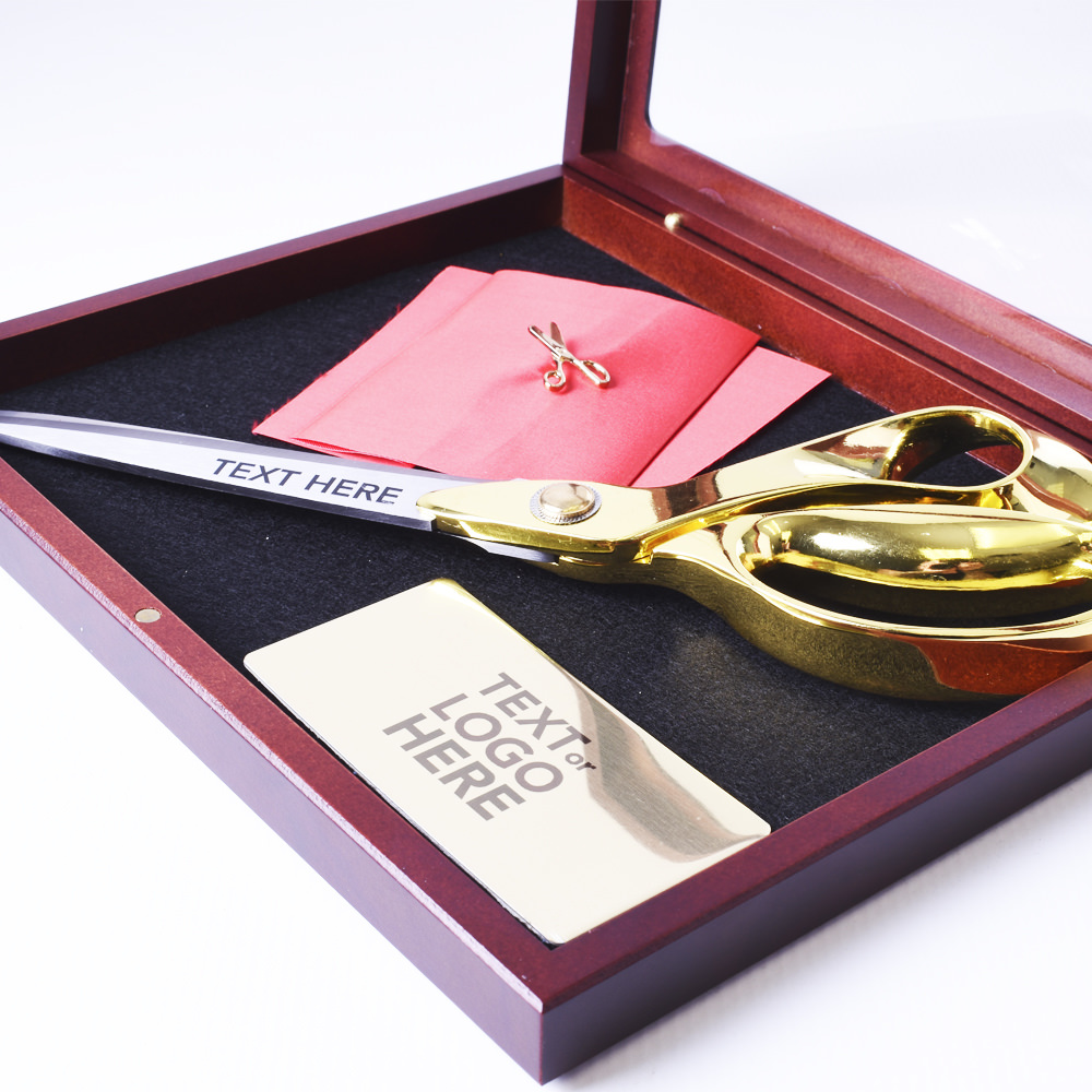 golden handle 10" ceremonial scissors in display case