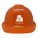 Front of orange hard hat with white logo vinyl