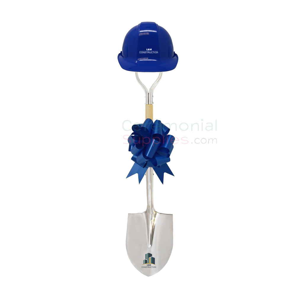 printed shovel with blue hard hat and bow