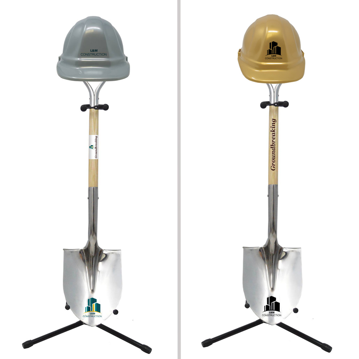 two styles ceremonial groundbreaking shovel with hard hat and stand