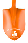 Close up picture of an Orange Ceremonial Groundbreaking Shovel Head with Logo
