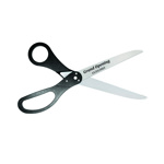 Image of  ceremonial scissors with custom logo sample and black handles.