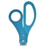 Image of ceremonial scissors with custom logo sample and teal handles.