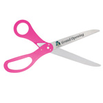 Picture of ceremonial scissors with custom logo sample and pink handles.