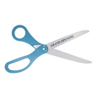 Picture of ceremonial scissors with custom logo sample and teal handles.