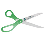 Picture of ceremonial scissors with custom logo sample and green handles.