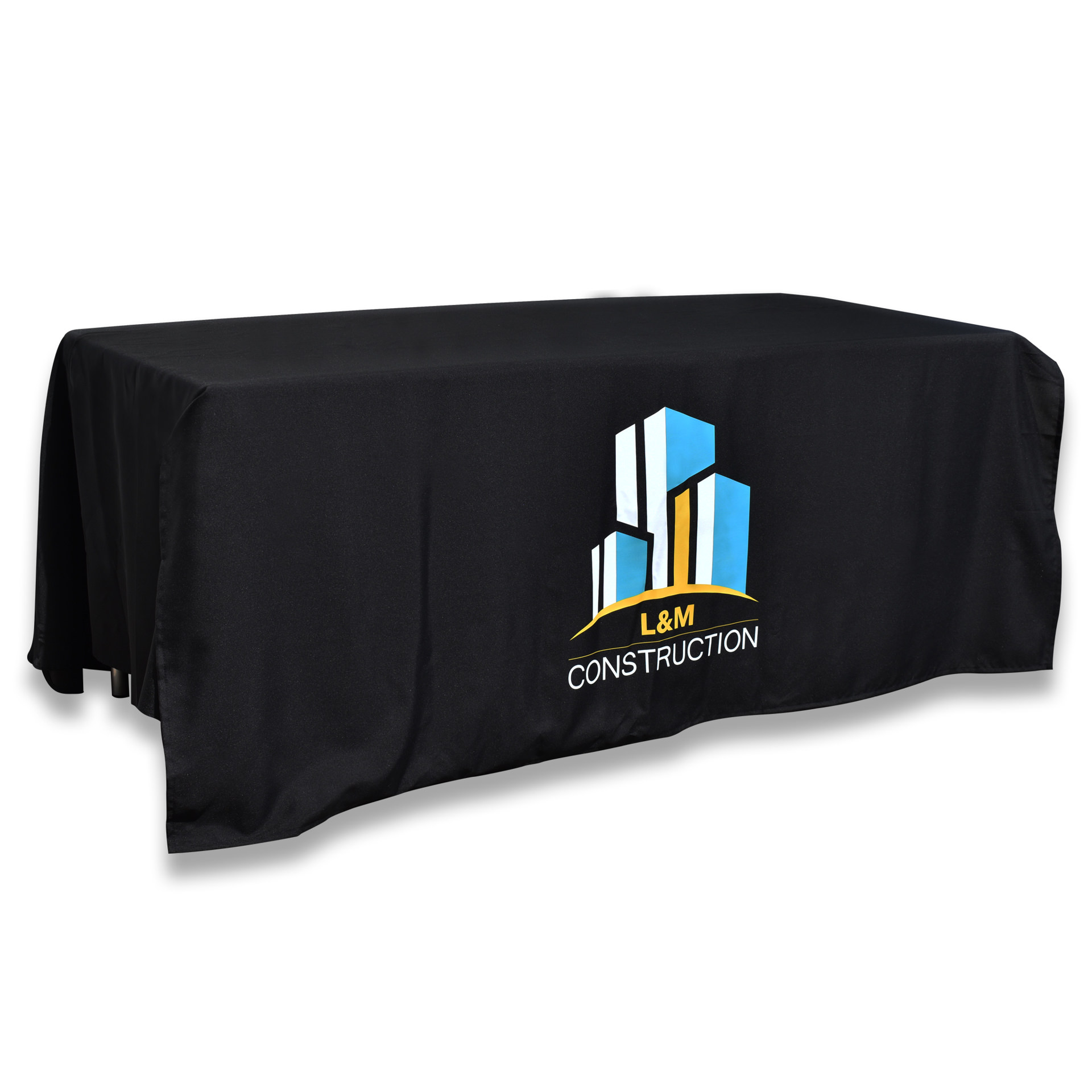 black rectangular tablecloth with printed logo