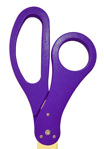 Close-up of purple handles on custom golden blade scissors.	