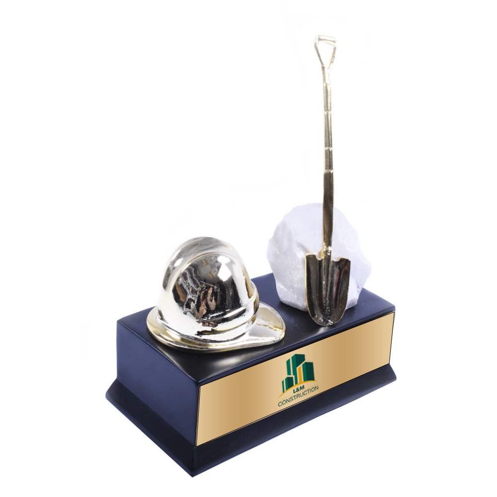 shovel and hard hat desk trophy keepsake