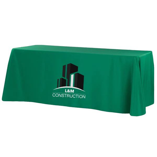 green rectangular table cloth with printed logo