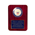 Round cherry wood finish plaque with US Navy medallion and room for personal engraving 