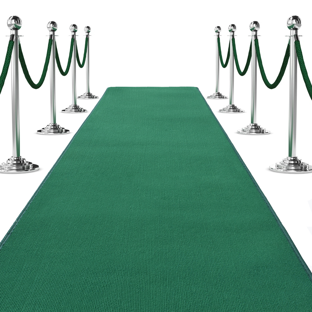 green carpet runner with silver stanchions and green velvet ropes