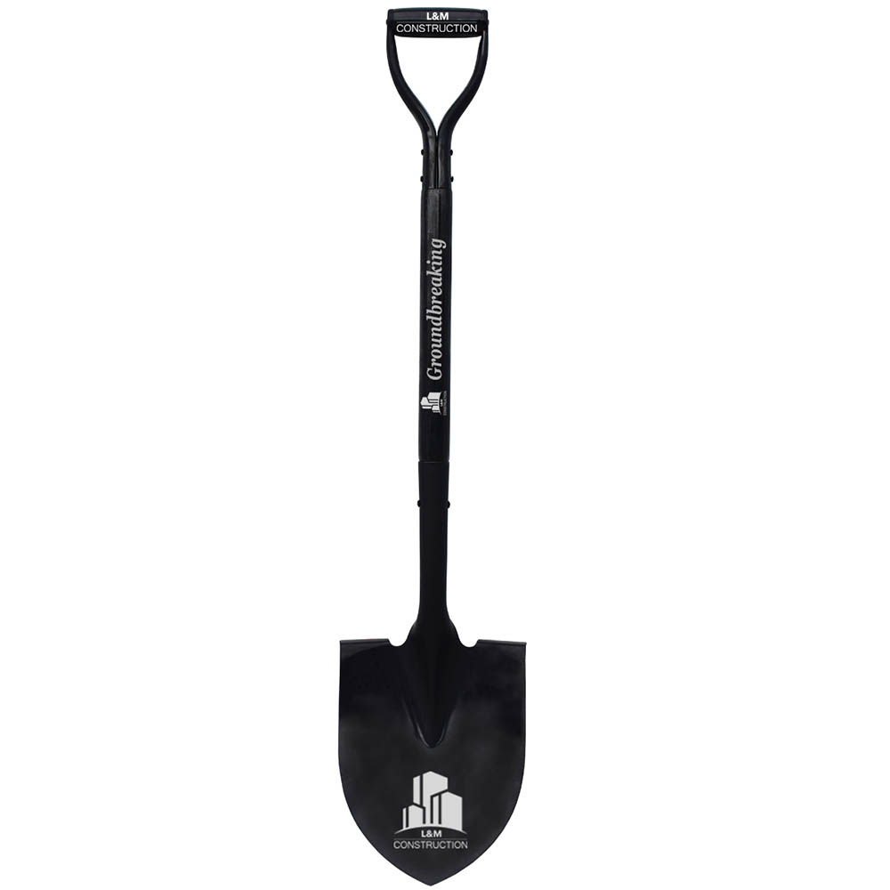 black groundbreaking shovel with white logo