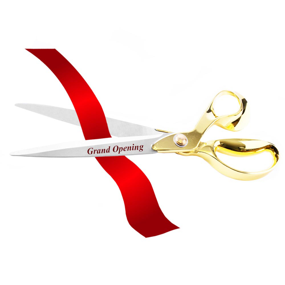 golden handle custom printed scissors cutting red ribbon