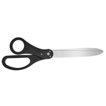 Black ribbon cutting scissors with stainless steel blades.