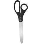 Black ribbon cutting scissors with stainless steel blades.
