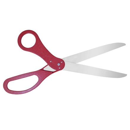 Open view of maroon ribbon cutting scissors. Open view of maroon ribbon cutting scissors.