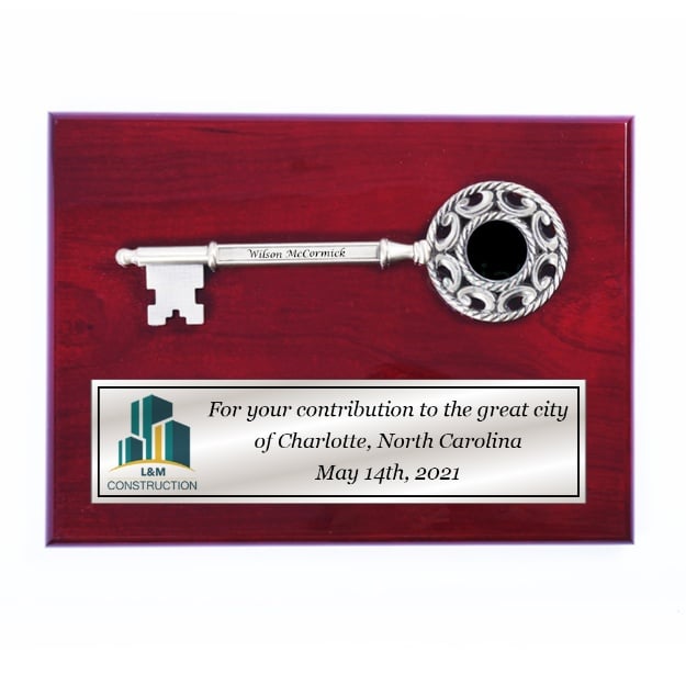 Cherry Key to the City Plaque with Ornate Key Bow and Text Silver Plaque