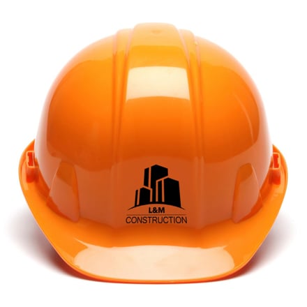 orange hard hat with black logo vinyl Front of orange hard hat with black logo vinyl