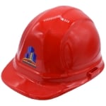 Raised Print red ceremonial hard hat from the front.