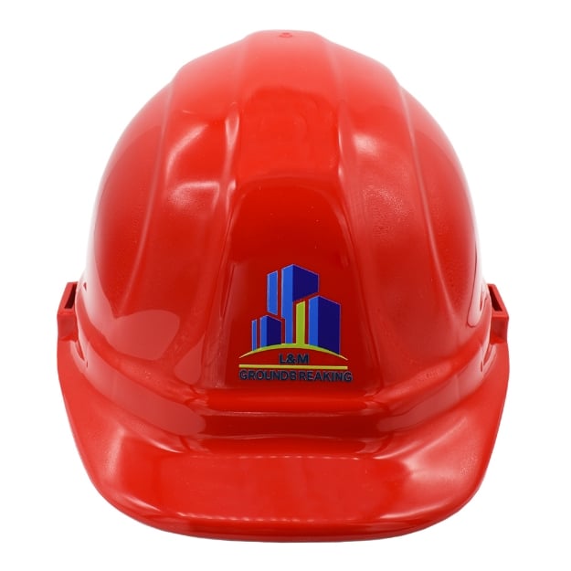 Raised Print red ceremonial hard hat from the front.