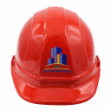 Raised Print red ceremonial hard hat from the front.