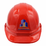 Raised Print red ceremonial hard hat from the front.