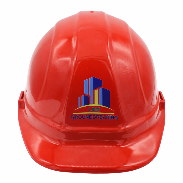 Raised Print red ceremonial hard hat from the front.