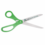 Picture of ceremonial scissors with custom logo sample and green handles.