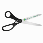 Image of ceremonial scissors with custom logo sample and black handles.