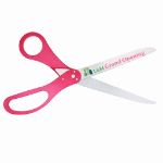 Image of ceremonial scissors with custom logo sample and Pink handles.
