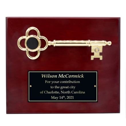 Picture of the Custom Cherry Wood Key to the City Award Plaque Square-Cornered Plaque