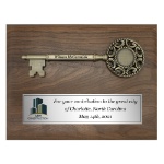 Walnut Key to the City Plaque with Ornate Key Bow and Text Silver Plaque